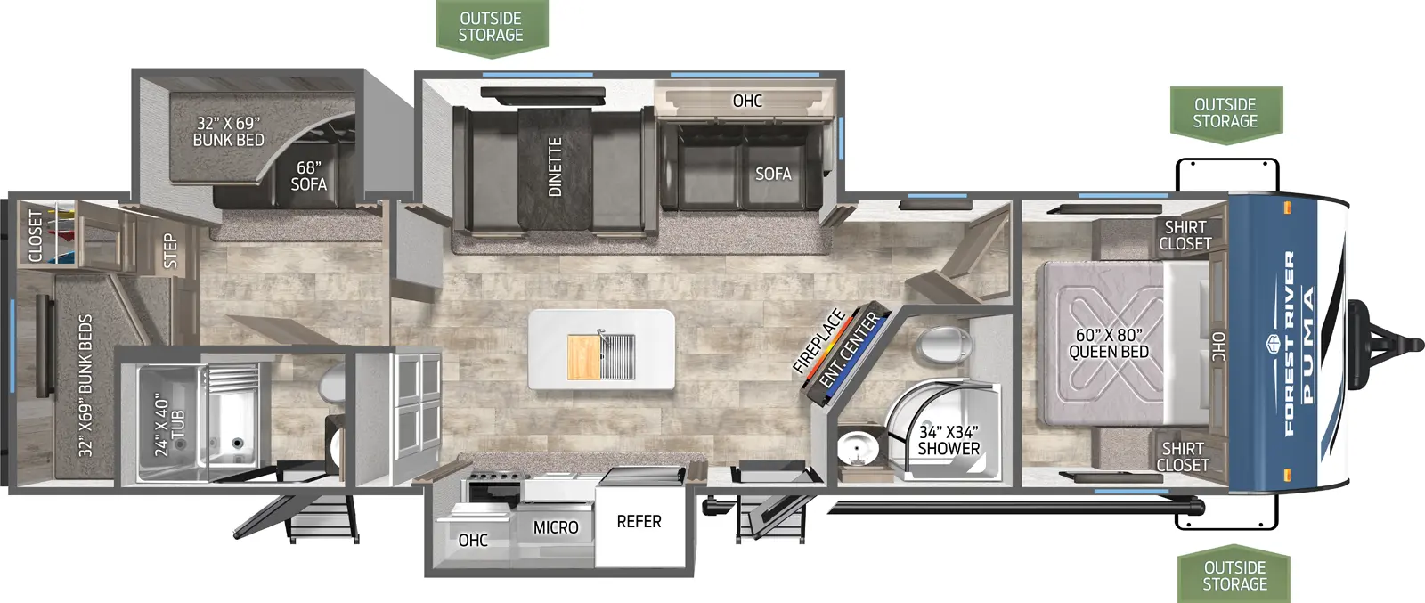 The Puma 32BH2B floorplan has two entries and three slide outs. Exterior features include: metal exterior and 21' awning. Interiors features include: bunk beds, kitchen island, front bedroom and two full bathrooms.